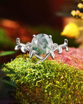 LORELEI Round Shaped Moss Agate Leaf Vine Engagement Ring